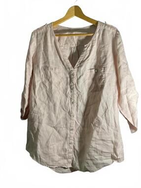 Go Silk Light Pink 100% Linen V-Neck Button Front 3/4 Sleeve Blouse
